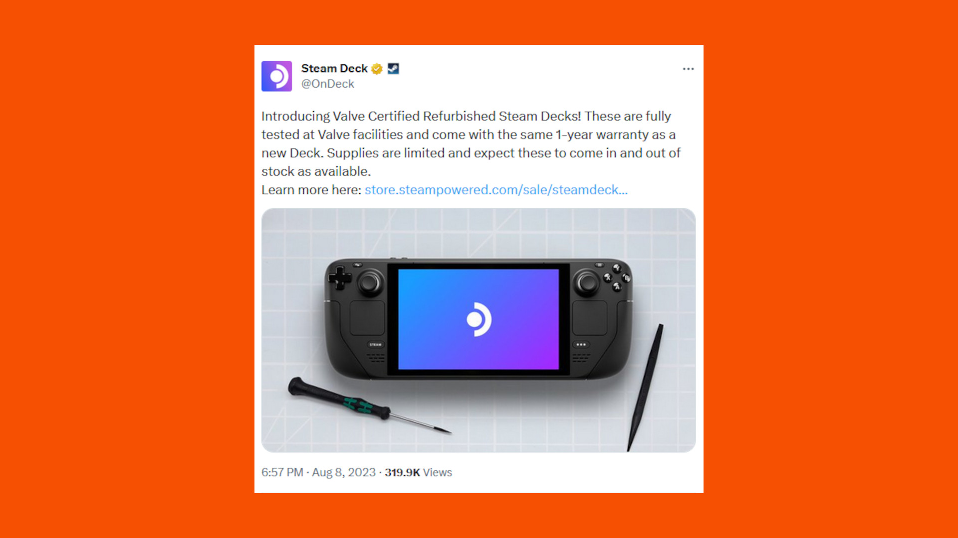 A screenshot of a tweet from the official Steam Deck Twitter account, OnDeck, detailing the Certified Refurbished program