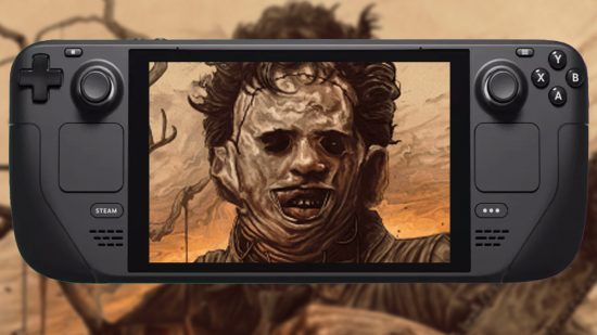 A close-up of Leatherface from The Texas Chain Saw Massacre on the screen of a Steam Deck.