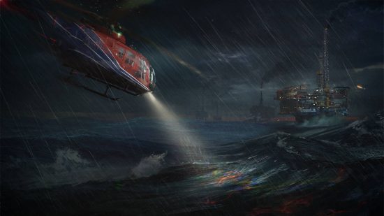 A red helicopter uses a search light to locate an oil rig in the dark and rain