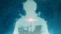 A ghostly silhouette with an oil rig in his chest stands on a blue background