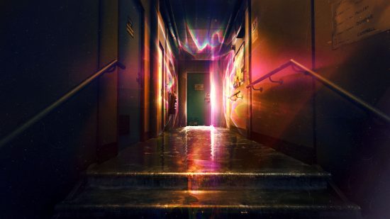 A dark corridor with a door at the end lit by glowing red and orange light