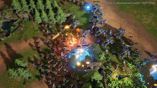 Stormgate gameplay - two Human Resistance forces in red and blue clash across the gap between two forests.
