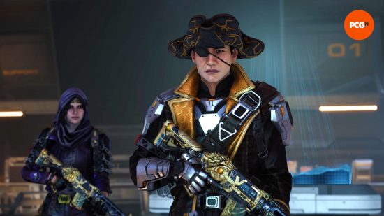 Park strides out of Haven on a Dead Sector run, all decked out in his Jolly Roger skin and wielding a golden rifle, the ninja-like Layla following close behind him in PCGamesN’s Synced preview.