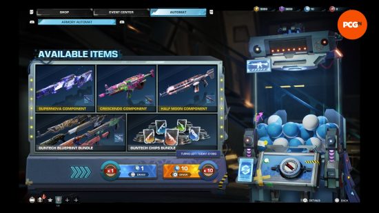 A gachapon machine holding a random assortment of guntech in blue-and-white capsules, displayed in the monetization menu during PCGamesN’s Synced preview.