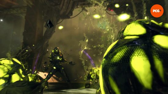 One of the Tyrants that must be defeated to complete a Dead Sector run, an aggressive Nano characterized by glowing green pustules and surrounded by poison nodes in a sewer, encountered during PCGamesN’s Synced preview.
