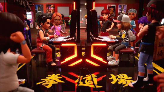 Several cute cartoon humans huddled around two arcade machines with two players fighting it out upon the Tekken 8 release date.
