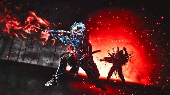 One of the cooler members of the Tekken 8 roster, Yoshimitsu is wearing blue samurai armor with a similar design to that of his iconic Tekken 3 appearance. He is slicing an obscured opponent in an homage to the delayed blood spurt spot in Japanese films and games.