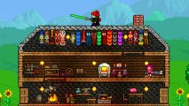 Terraria 1.4.5 skyblock seed - A player stands atop a house holding a green phaseblade.