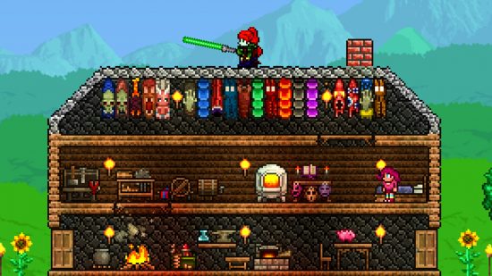 Terraria 1.4.5 skyblock seed - A player stands atop a house holding a green phaseblade.