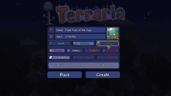The menu shows the Terraria map size