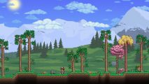 The Terraria map is sunny with blue skies and a green field