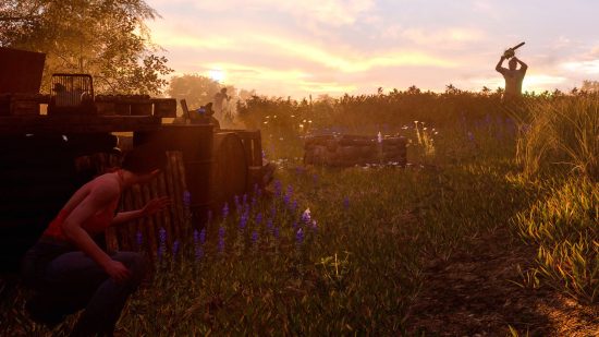 A survivor hides in the bushes as The Hitchhiker and Leatherface look for her in the setting sun in The Texas Chain Saw Massacre, one of the best new games.