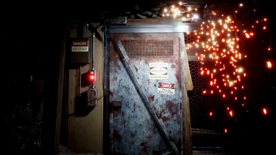 TCM tips: The Texas Chain Saw Massacre fuse box edit is shut closed, a red light glows and sparks fly from the door's hinges.