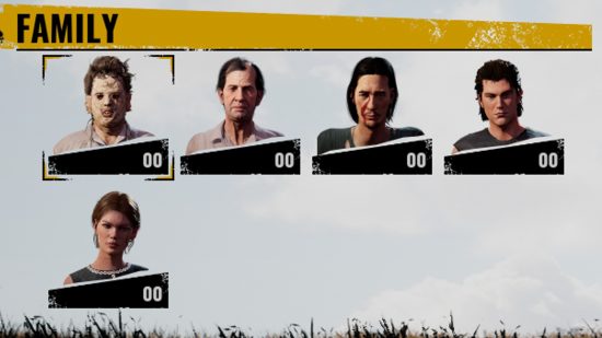 Texas Chain Saw Massacre multiplayer and balance: The character selection screen for the Slaughter family, showing Leatherface, Cook, Hitchhiker, Johnny, and Sissy.