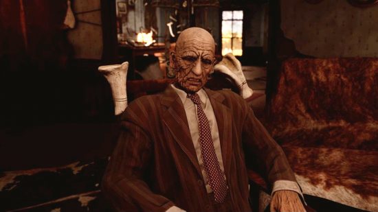 Texas Chain Saw Massacre game review: Grandpa, the best killer of them all, sits in his chair, his face wrinkled and pained.