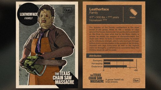 The Texas Chain Saw Massacre game Leatherface 'trading card' showing off his skills and abilities.