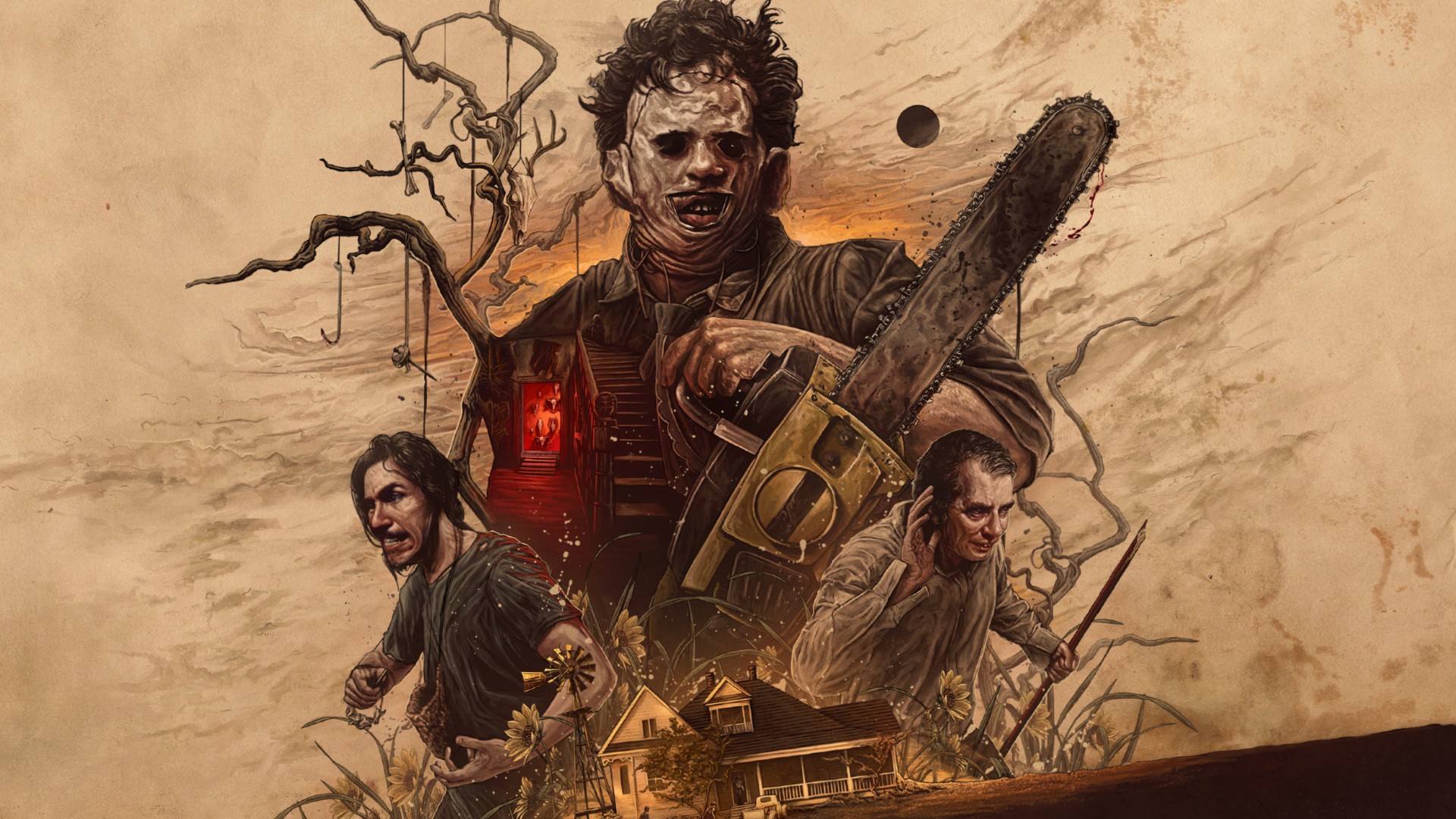 Key art for The Texas Chain Saw Massacre game, showing Leatherface, Hitchhiker, and Cook, with the family house.