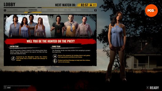Character selection screen in The Texas Chain Saw Massacre shows Ana, and a tutorial screen which asks "will you be the hunter or the prey?"