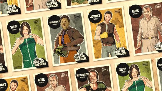 Texas Chain Saw Massacre family tier list: Five Texas Chain Saw Massacre killers appearing on mock ups of trading cards.