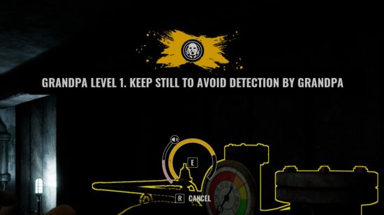 A screenshot from the Texas Chain Saw Massacre game showing the text "Keep still to avoid detection by Grandpa."