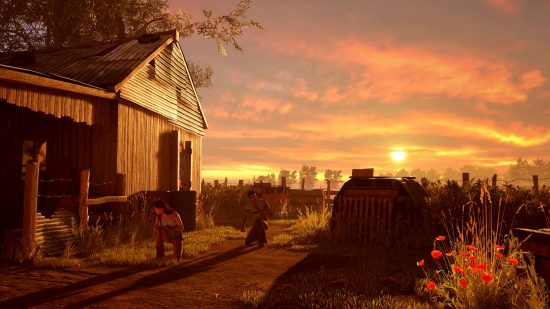 A stunning vista from the Texas Chain Saw Massacre game, showing two victims crouching in the grass as the sun sets over the family house, a familiar shade of yellow-orange flooding the scene, mimicking the original movie.