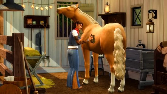 Actualización de Los Sims 4 del 3 de agosto: un Sim cepilla cariñosamente a su caballo.