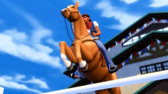 The Sims 4 update August 3 - A Sim riding a horse as it leaps over a barrier.