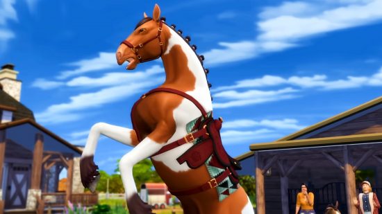 Actualización de Los Sims 4 del 3 de agosto: un caballo se encabrita, agitado, mientras los espectadores asombrados jadean.