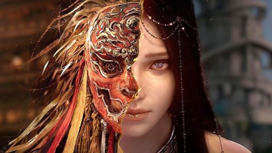 Trono y Liberty Beta: una mujer con su lado derecho cubierto con una máscara de cráneo rojo mira la cámara