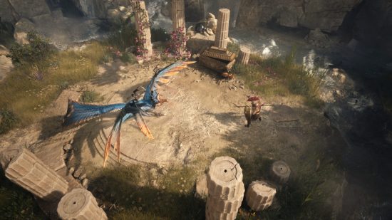 Titan Quest 2 - a warrior in ancient Greek armor fights a giant bird-like creature.