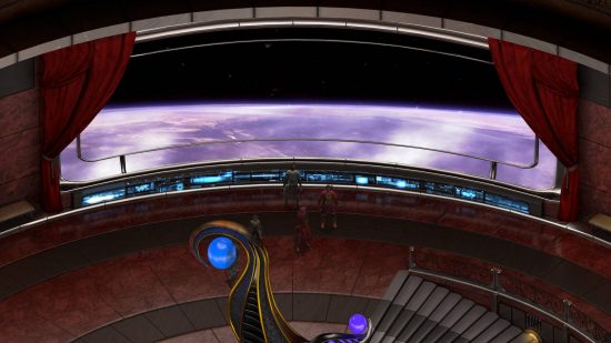 A group of characters stand in front of a spaceship panel looking out over a purple planet