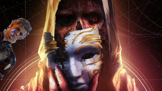 A skeletal man takes off a white and gold masquerade mask wearing a hood on a celestial gold and red background as a small white-haired figure leans in crying