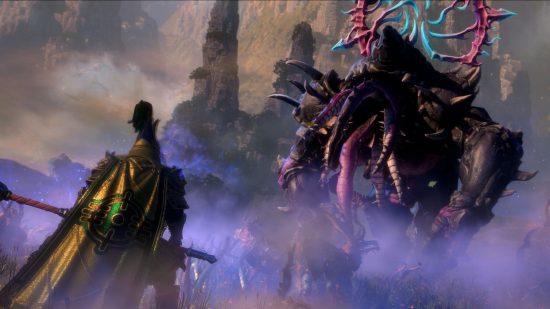 Total War Warhammer 3 Shadows of Change: a man in armor with a big hammer looks up at a giant tentacled creature