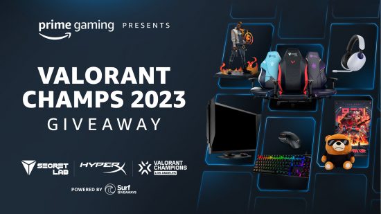 Valorant Champions giveaway promotional image, showing some of the available prizes.