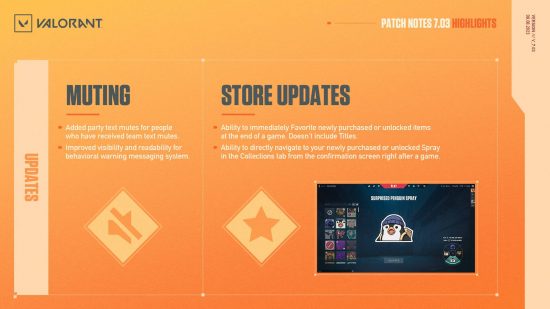 An orange infographic showing all of the updates in Valorant patch 7.03, including changes to behavior systems and the store