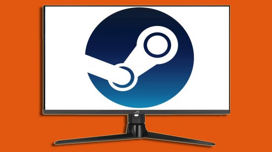 Valve Steam Remote Play 4K resolution update: a monitor displaying the Steam logo appears against an orange background.