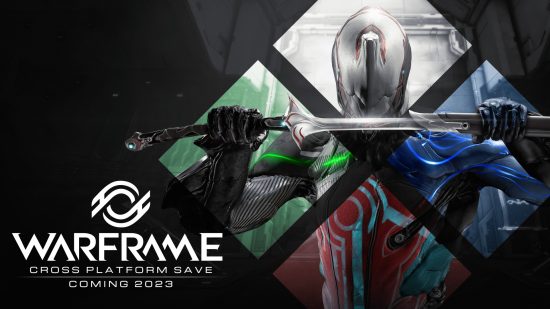 A ninja character across four diamonds with green, blue, and red and the Warframe logo