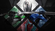 After 10 years, Warframe is finally getting cross-progression: A ninja character stands segmented into four diamonds, with a green, blue, red, and white panel