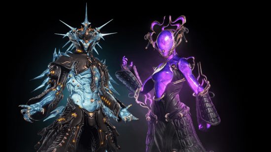 A picture of the two Warframe Tennocon Skins, one blue and one purple.