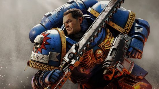 A hulking man in blue and gold armor with a sword with chainsaw elements rushes enemies off screen to the left
