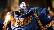 Warhammer 40k Space Marine 2 - a Space Marine in blue and golden armor.