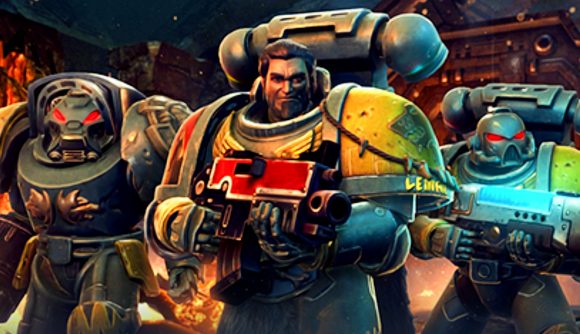 Warhammer 40k Space Wolf - three Space Marines in full armor in this XCOM-style strategy game.