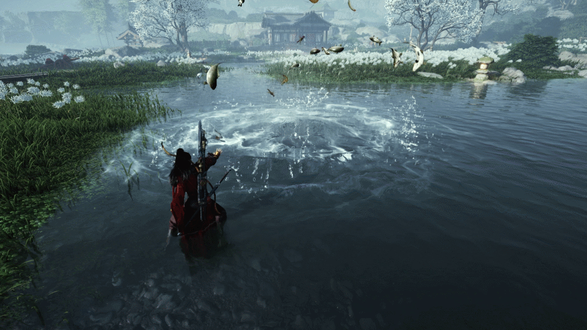 Donde se encuentran los vientos: un antiguo guerrero chino parado en un estanque, con peces volando. 