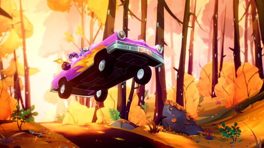 Wild Country - A gang of unruly raccoons ride through the forest in a pink lowrider with flaming decals.