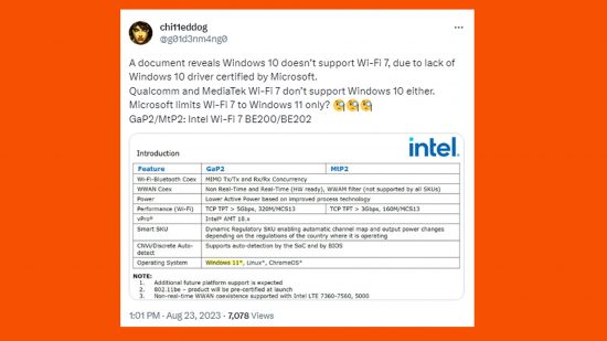 A Twitter screenshot of an Intel documenting outlining information about Wi-Fi 7.