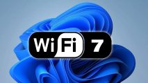 An image of the Wi-Fi 7 logo on top of the Windows 11 'Bloom' desktop wallpaper.