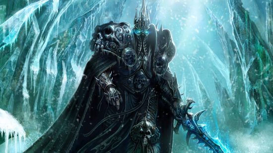 WoW Classic Hardcore devs remind you "everybody dies" and that's OK: A man wearing spiked black armor with glowing blue eyes stands in an icy area with a huge sword