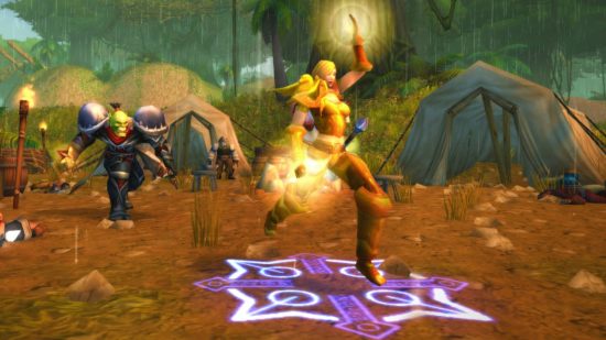 Making WoW Classic Hardcore comes with "enormous pressure": A blond woman runs from an orc in a campsite area raising her hand which glows with golden magic as a purple, jagged spiral surrounds her on the ground