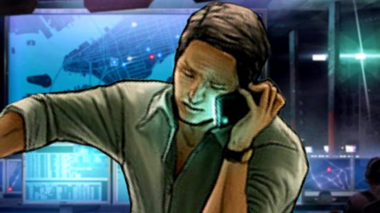 911 Operator is a free PC game - A man looks stressed as he makes a phone call, backed by screens showing maps of the area.