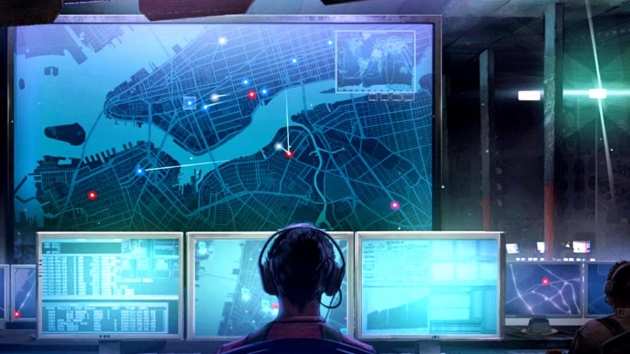 911 Operator - a person wearing a headset sits before a series of monitors tracking a city from overhead.